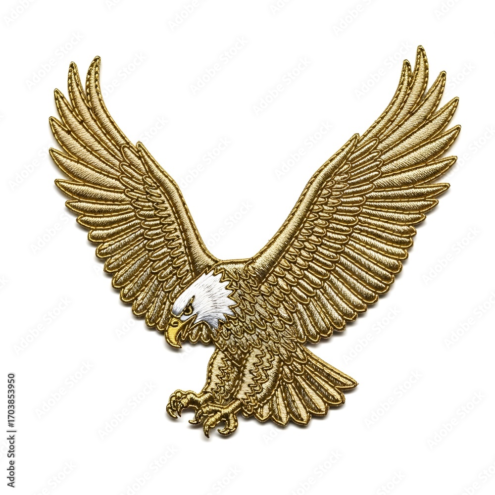 Obraz premium Golden eagle emblem with outstretched wings and white head on a plain white background