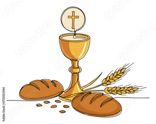 Eucharist chalice with host bread and wheat