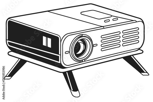 Line art illustration of a modern portable projector on legs