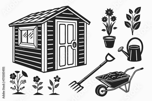 Garden shed and tools illustration