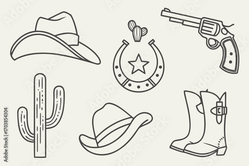Western cowboy icons collection with hats boots cactus and gun