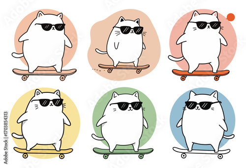 Cool skateboarding cat cartoon set vector