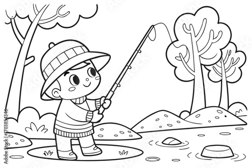 Cute cartoon boy fishing by the riverbank