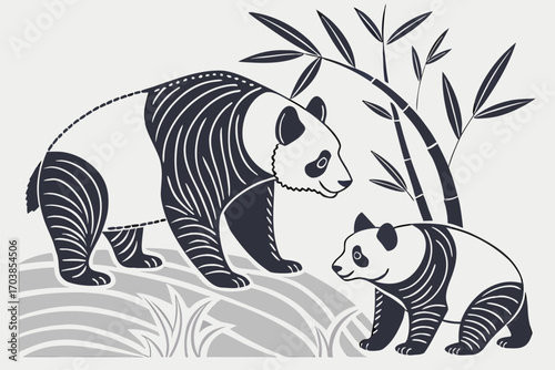 Stylized pandas and bamboo in a minimalist design
