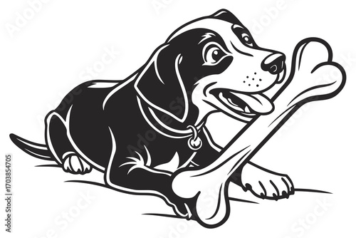Happy cartoon dog chewing on a big bone