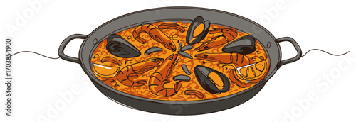 Seafood paella in pan vector illustration
