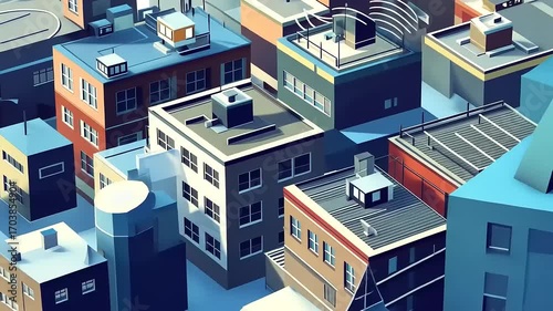 Aerial view of colorful urban buildings with rooftops and antennas, showcasing a vibrant cityscape