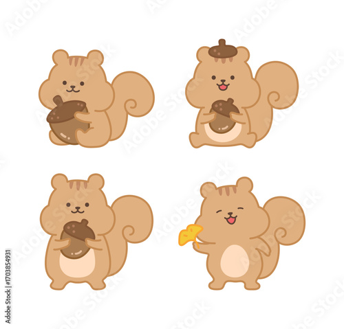 A set of cute squirrel character illustrations holding acorns and ginkgo leaves. Cute forest animals with happy expressions in a hand-drawn style.