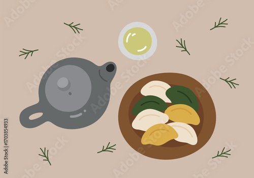 An illustration depicting tea, a teapot, and a traditional Korean rice cake, "songpyeon," seen from above. "Songpyeon" is a representative food eaten during the Korean holiday, "Chuseok."