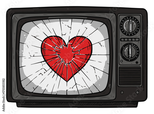 Retro television with shattered heart on cracked screen