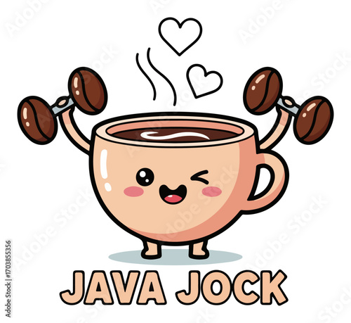 Java jock coffee cup lifting dumbbells mascot