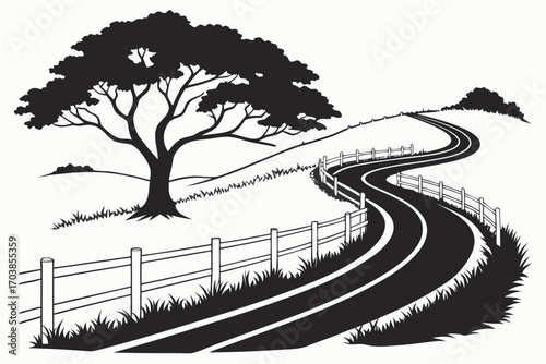 Winding country road through grassy hills with a large tree