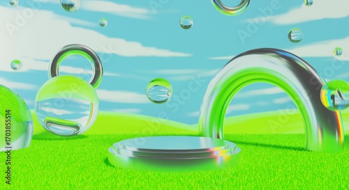 retro-future y2k 2000s frutiger aero aqua web 2.0 gloss with stage podium for product display showcase, 3d illustration rendering abstract background, technology and nature concept