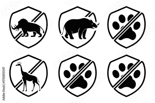 Set of stylized animal icons within shield shapes for conservation and protection themes