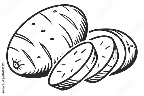 Black and white illustration of a whole potato and slices