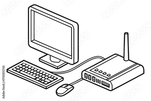 Computer setup with monitor keyboard mouse and router illustration