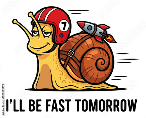 Racing snail with helmet and rockets pun illustration