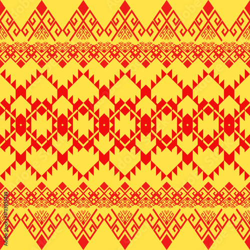 A seamless ethnic border pattern in red and yellow, featuring symmetrical horizontal bands of bold geometric shapes, including sawtooth triangles, hexagons, and tribal meanders.