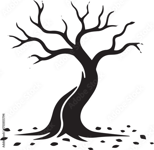 Silhouette of a bare gnarled tree with fallen leaves scattered around its base in autumn