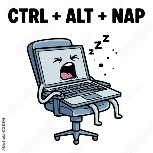 Funny cartoon laptop taking a nap with ctrl alt nap pun