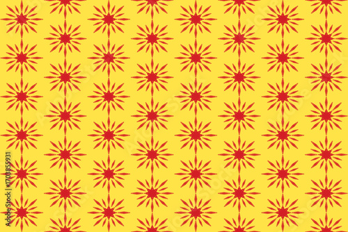 A geometric pattern of vibrant red sunbursts arranged in columns on a bright yellow background, creating a lively and cheerful retro feel.