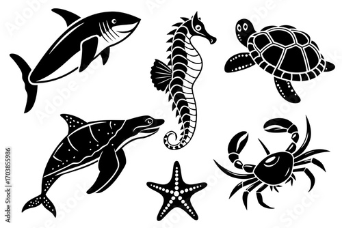 Collection of black and white marine animal silhouettes