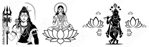 Set of Hindu gods Shiva Lakshmi and Krishna black and white illustration