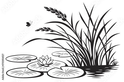 Black and white silhouette of a pond with water lilies and reeds