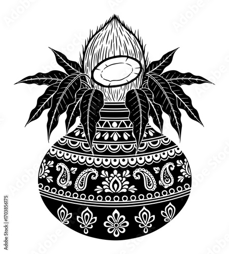 Hindu auspicious symbol Kalash with coconut and mango leaves