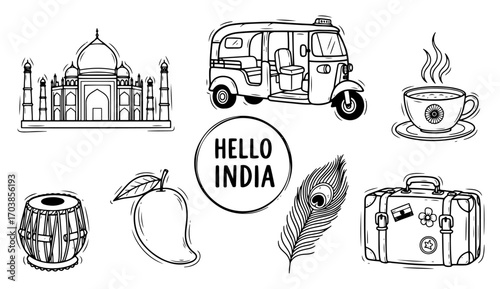 India travel and culture icon set in hand drawn doodle style