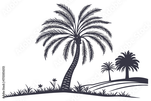 Silhouette of palm trees on a rolling landscape with grass and flowers