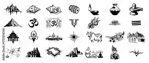 Hindu temple and Om symbols monochrome icon set for laser engraving and cnc