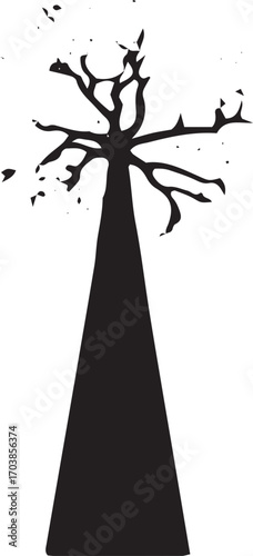 Silhouette of a tall bare tree with sparse branches reaching towards the sky