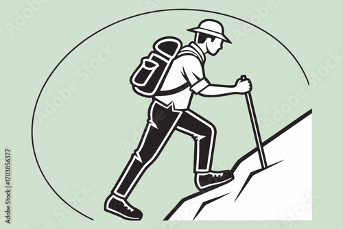 Adventurous hiker climbing a steep mountain with a backpack and pole