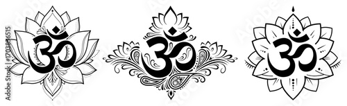 Om lotus emblems set in black and white