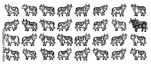 Foto Sacred cow icon set Indian zebu black and white vector