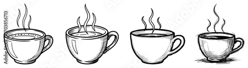 Set of hand drawn coffee and tea cups with steam
