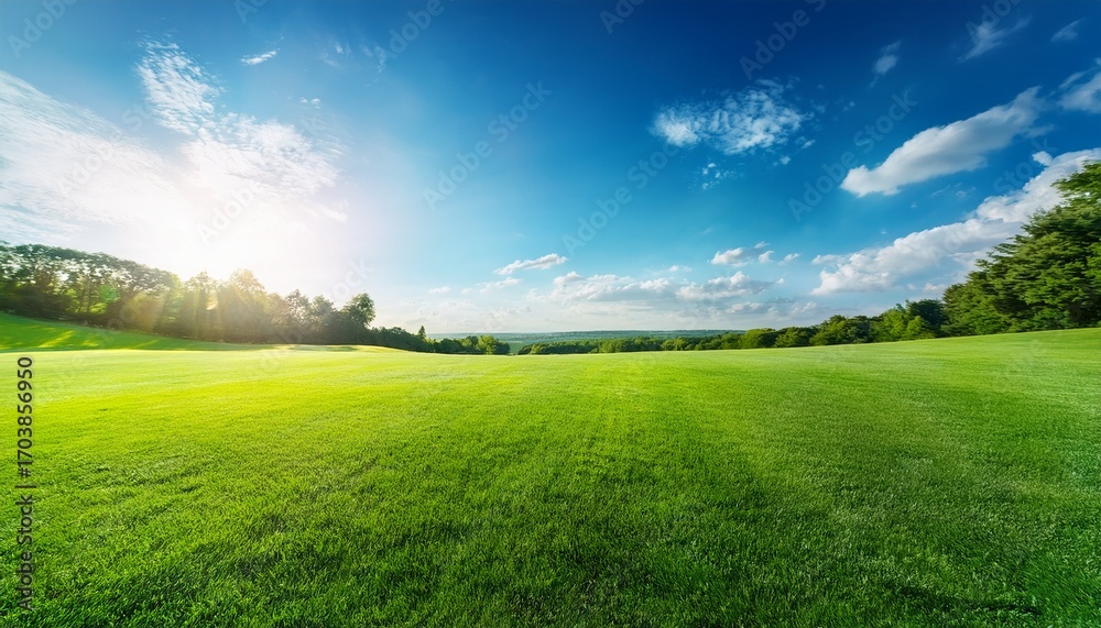 Fototapeta premium A Sunny Day Creates A Picturesque Landscape With A Green Lawn Stretching Towards The Sky Leaving Ample Copy Space