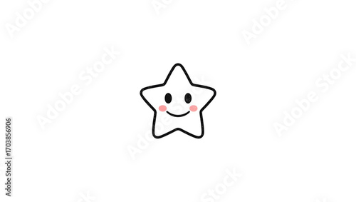 Simple black and white star icon with a cute smiling face and pink blush. Cheerful vector illustration isolated on a white background