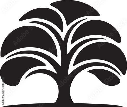 Stylized silhouette of a lush tree with abstract canopy branches and strong trunk