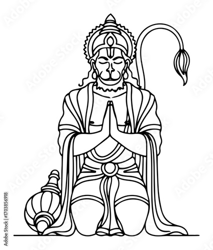 Line drawing of Hindu deity Hanuman with namaste hands