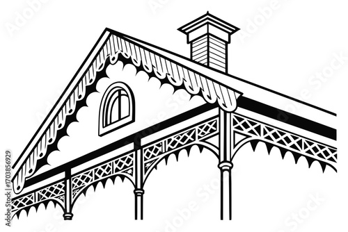 Ornate victorian veranda and gable with arched window