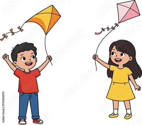 Children flying colorful kites in outdoor playtime scene, joyful activity with movement, summer fun, smiling faces, and plain white background