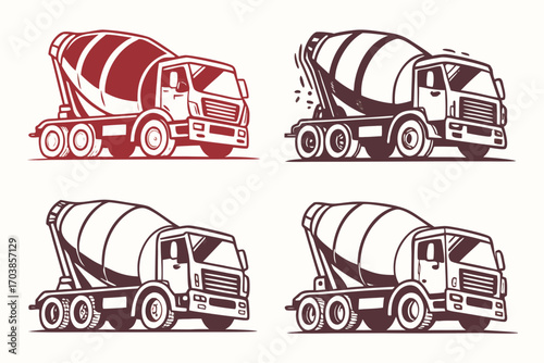 Four stylized illustrations of concrete mixer trucks
