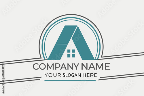 Modern teal house letter a logo design for real estate company