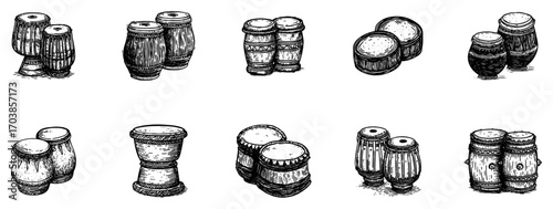 Set of traditional ethnic drums in sketch style