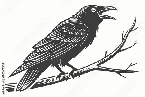 Stylized raven perched on a branch with open beak