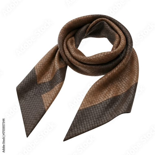 Brown patterned silk scarf tied in knot isolated on white