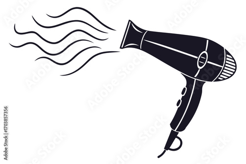 Stylized silhouette of a hair dryer blowing air and waves