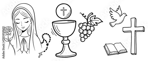 Catholicism and christianity symbols doodle set